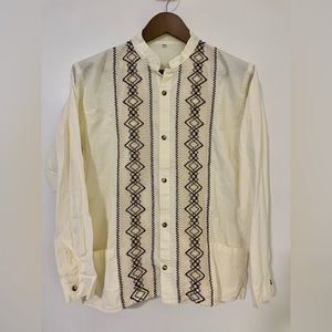 *RARE & WAVY* 1970’s Embroidered Guyabera - Cream / Brown - Size Small